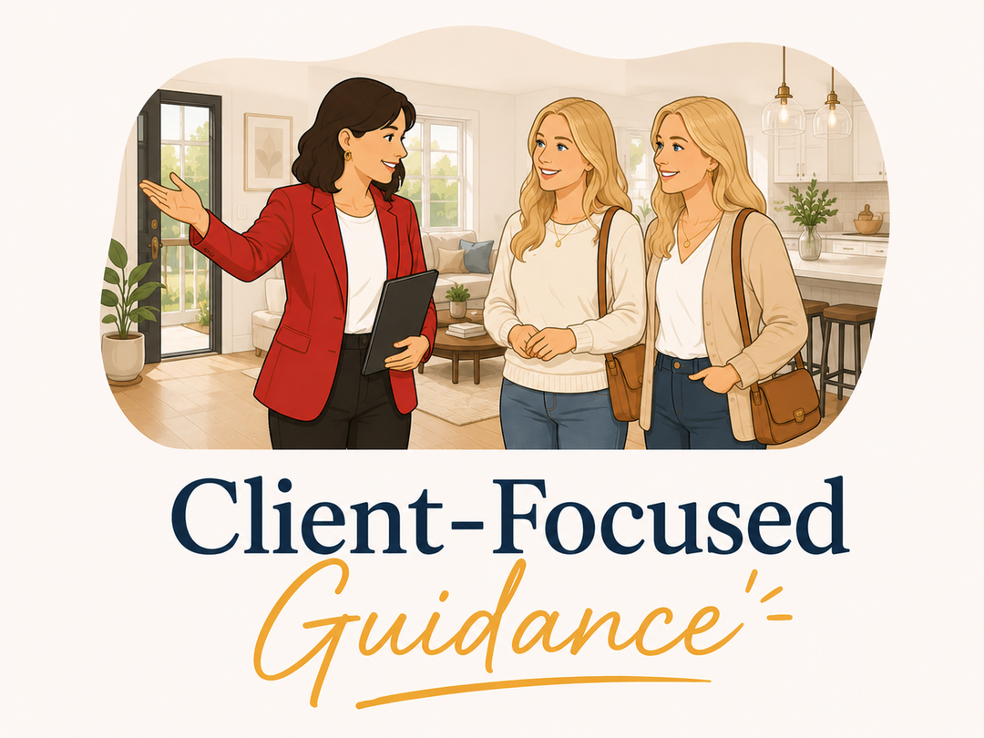 Illustration reading "Client-Focused Guidance," showing Lisa Collio welcoming two clients into a home.