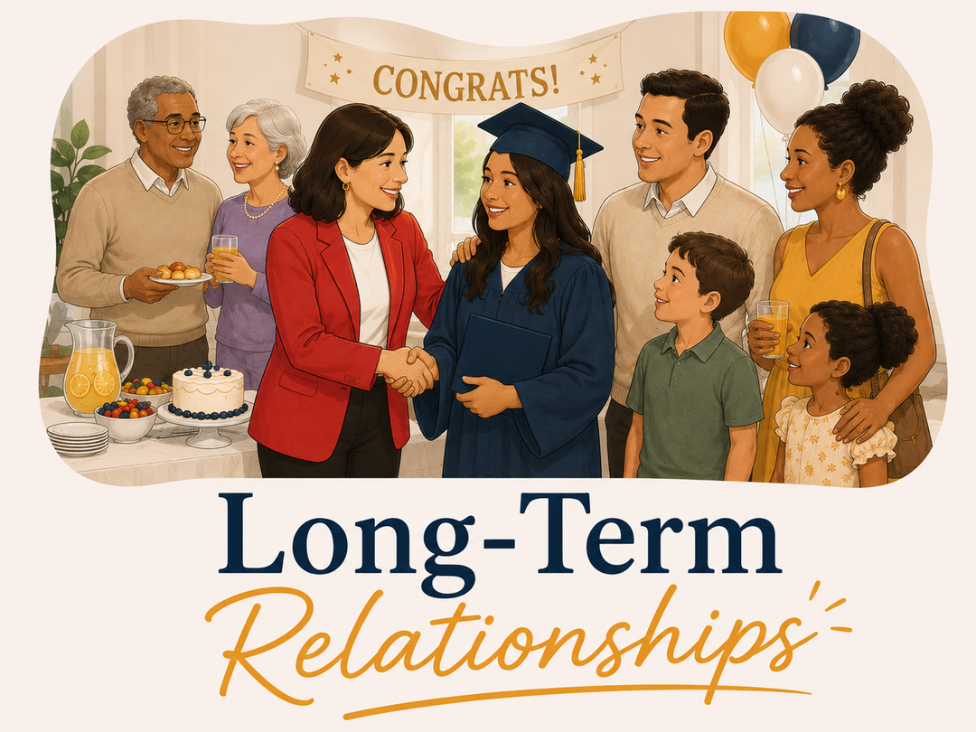 Illustration reading "Long-Term Relationships," showing Lisa Collio shaking hands with a graduate at a family celebration.