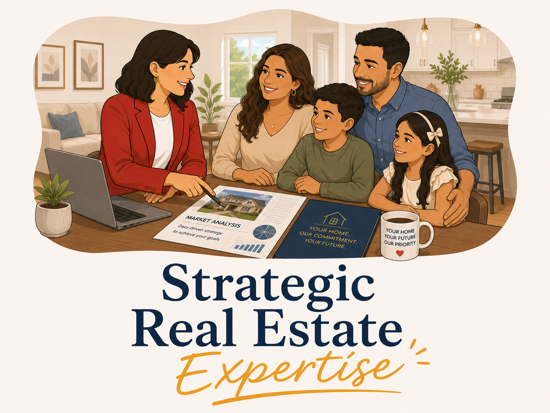 Illustration reading "Strategic Real Estate Expertise," showing Lisa Collio reviewing documents at a table with a family of four.