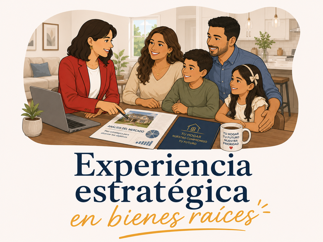 Ilustración que dice "Experiencia estratégica en bienes raíces," donde Lisa Collio revisa documentos en una mesa con una familia de cuatro.