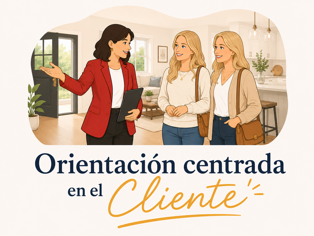Ilustración que dice "Orientación centrada en el cliente," donde Lisa Collio recibe a dos clientes en una vivienda.