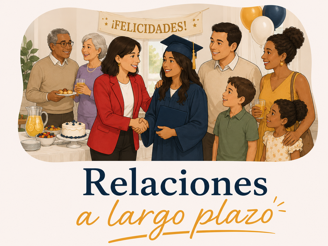 Ilustración que dice "Relaciones a largo plazo," donde Lisa Collio saluda de mano a una graduada en una celebración familiar.