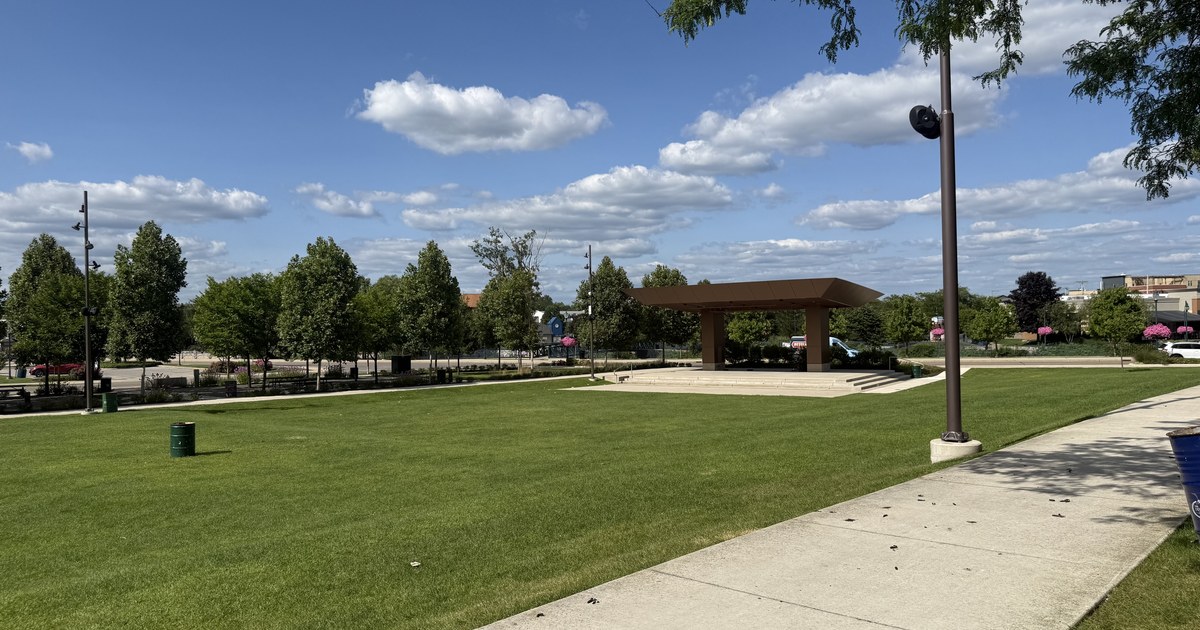 An open park lawn with a covered pavilion in the middle distance and a paved path along one side.