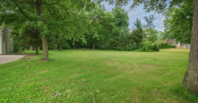 A wide green lawn ringed by mature trees.