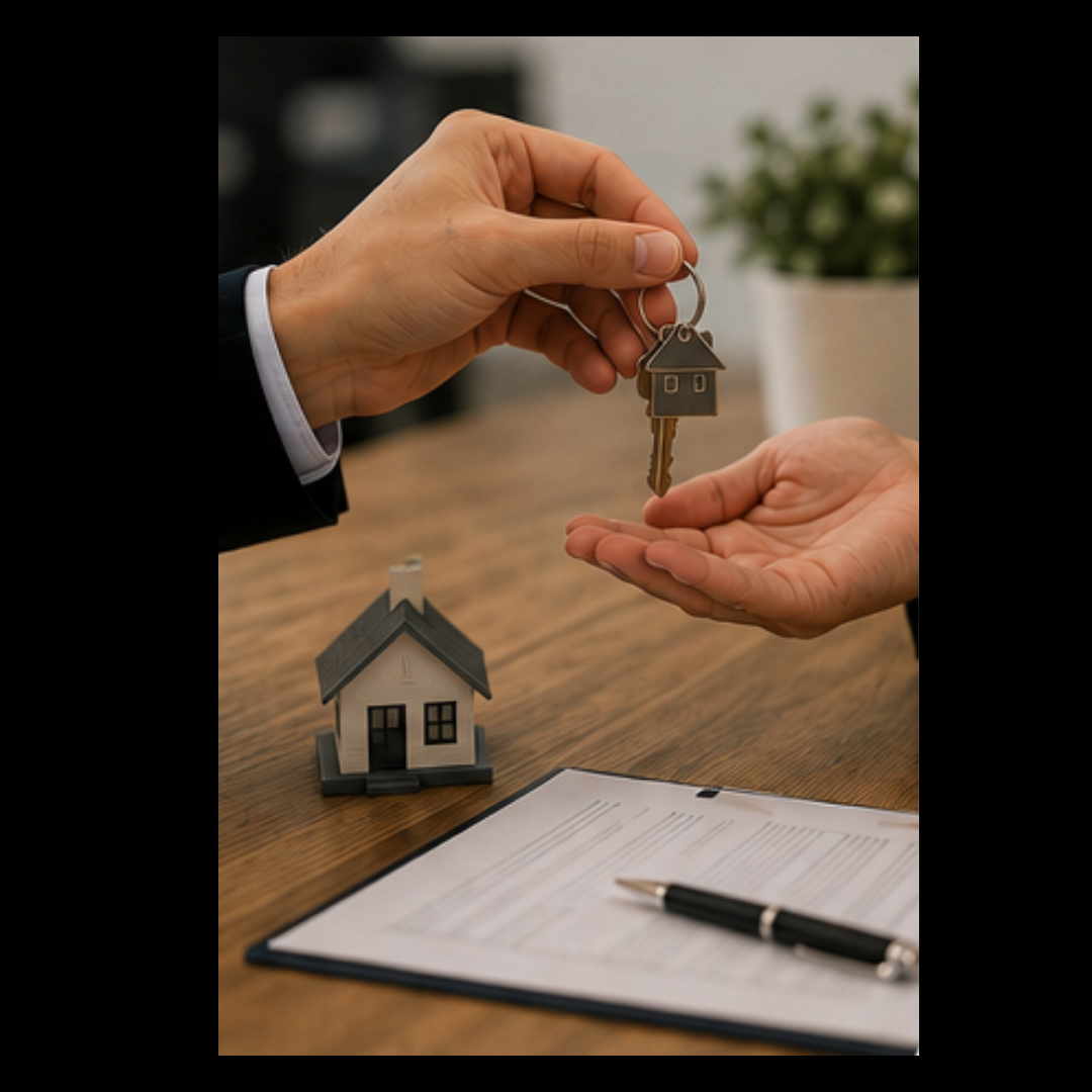 One hand passing a house-shaped keychain to another, beside a small house model and a signed document.