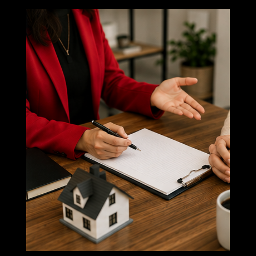 An agent going over paperwork with a client at a desk, a small house model between them.
