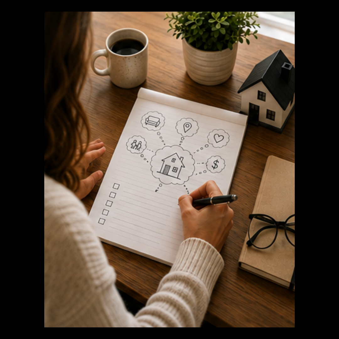 A person sketching a wish-list of home priorities in a notebook — layout, location, budget, and family needs.