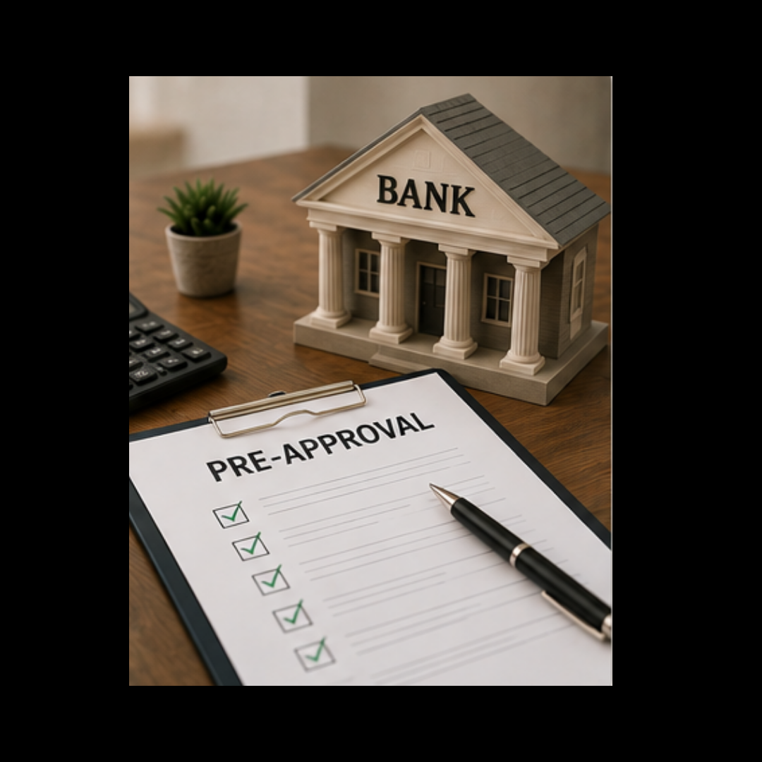 A clipboard reading "PRE-APPROVAL" with checked boxes, beside a small bank building model.