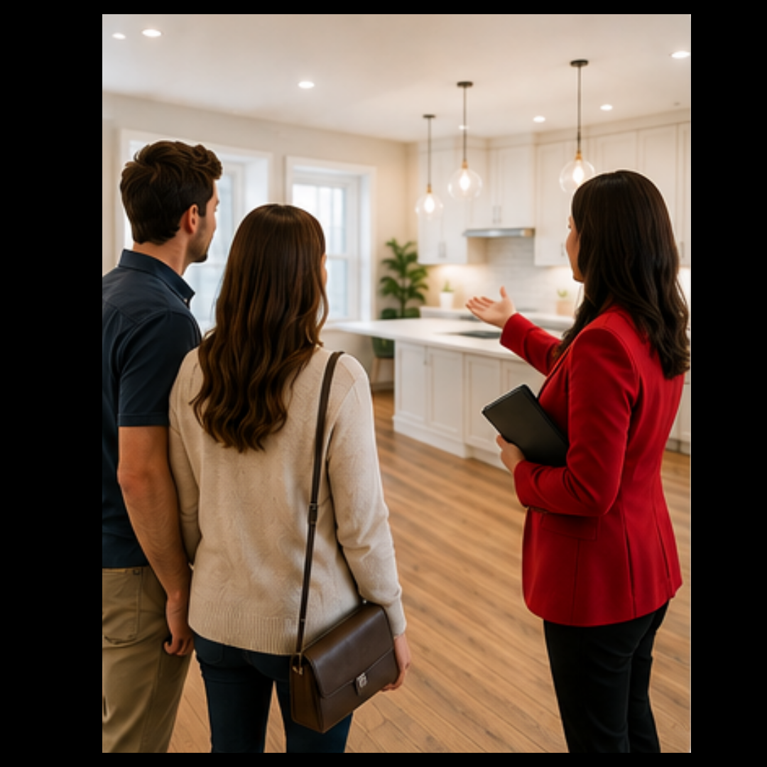 An agent showing a couple a bright, empty kitchen during a home tour.