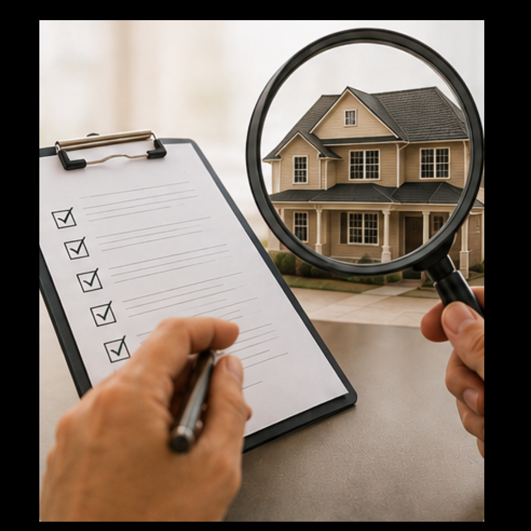 A hand holding a magnifying glass over a house model, beside a checklist on a clipboard.
