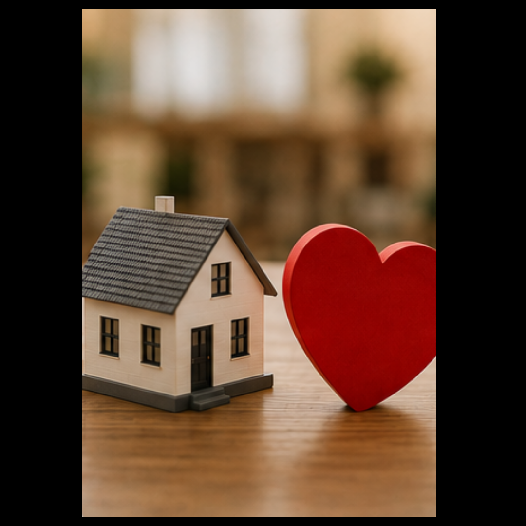 A small house model next to a red heart, on a wood table.