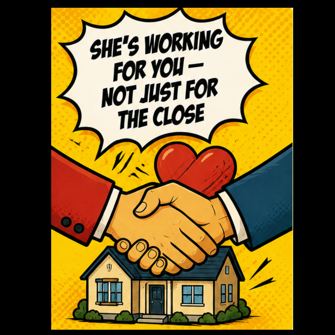 Illustration reading "She's working for you — not just for the close," showing a handshake with a heart over a small house.