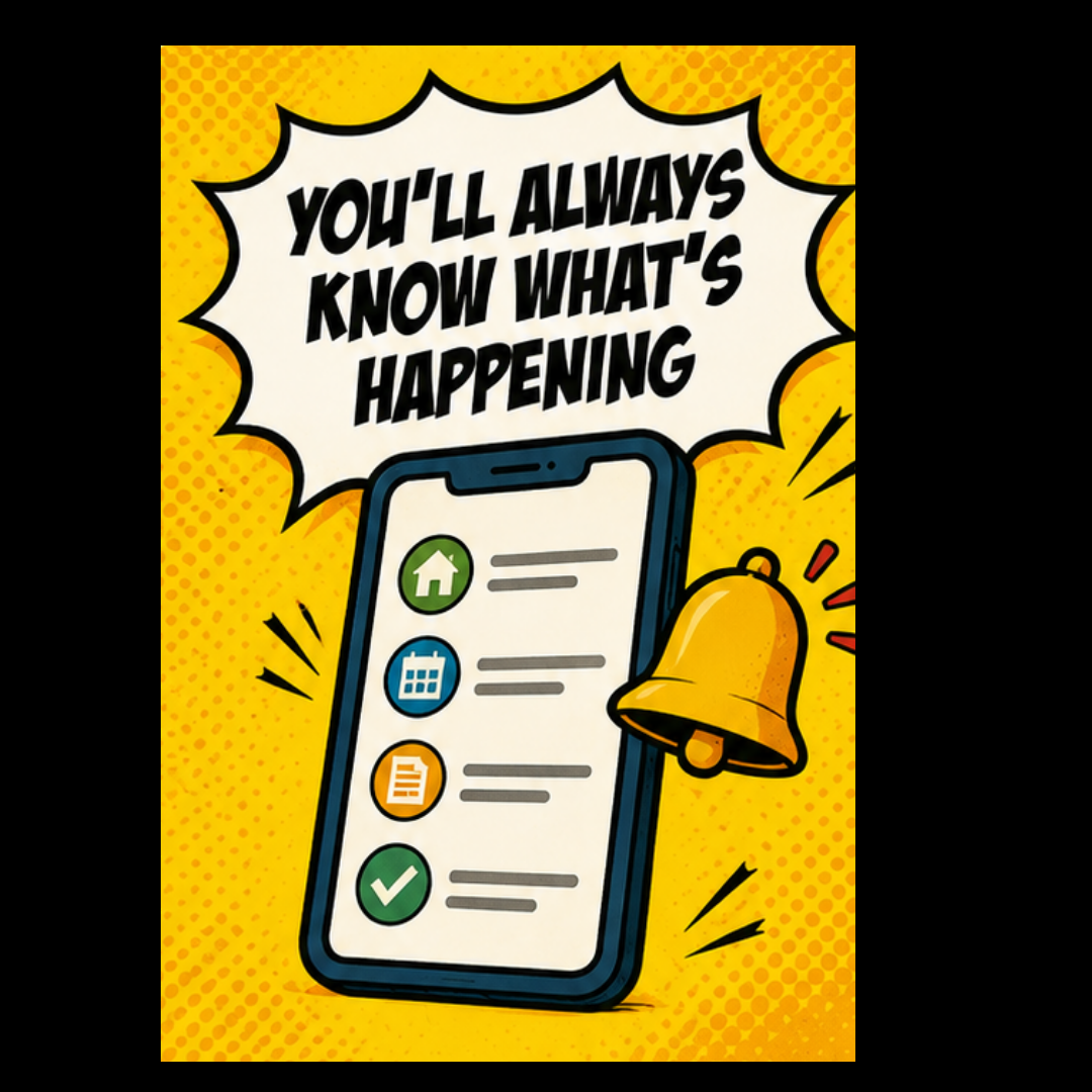 Illustration reading "You'll always know what's happening," showing a phone with notification icons and a bell.
