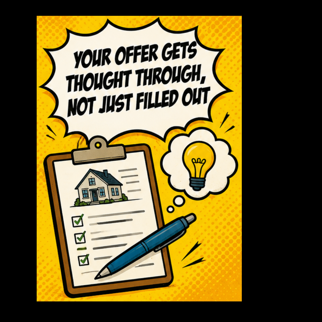 Illustration reading "Your offer gets thought through, not just filled out," showing a checklist on a clipboard and a lightbulb.