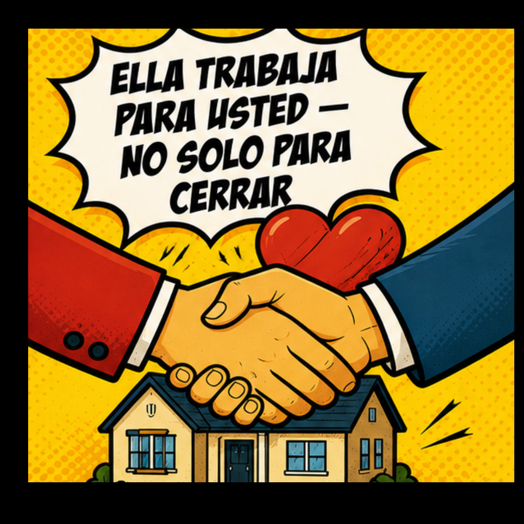 Ilustración con el texto "Ella trabaja para usted, no solo para cerrar el trato," con un apretón de manos y un corazón sobre una casa pequeña.