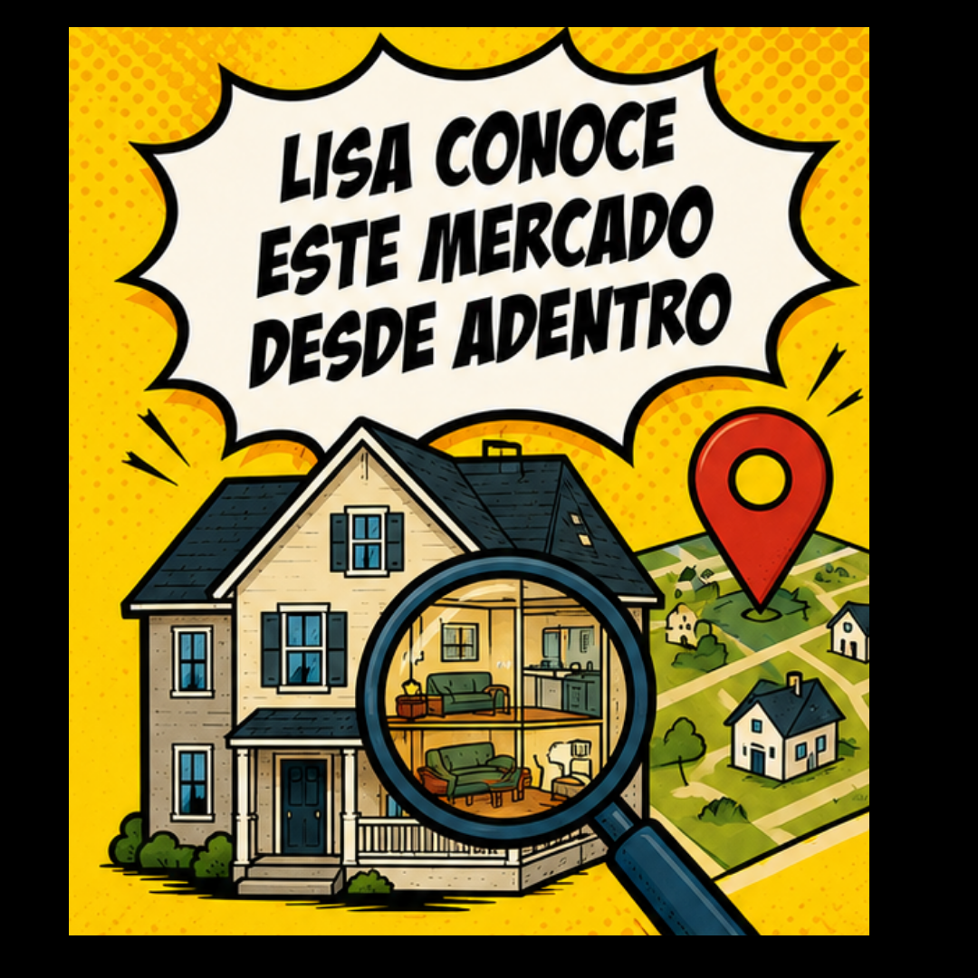 Ilustración con el texto "Lisa conoce este mercado desde adentro," con una casa, una lupa sobre su interior y un mapa con un marcador de ubicación.