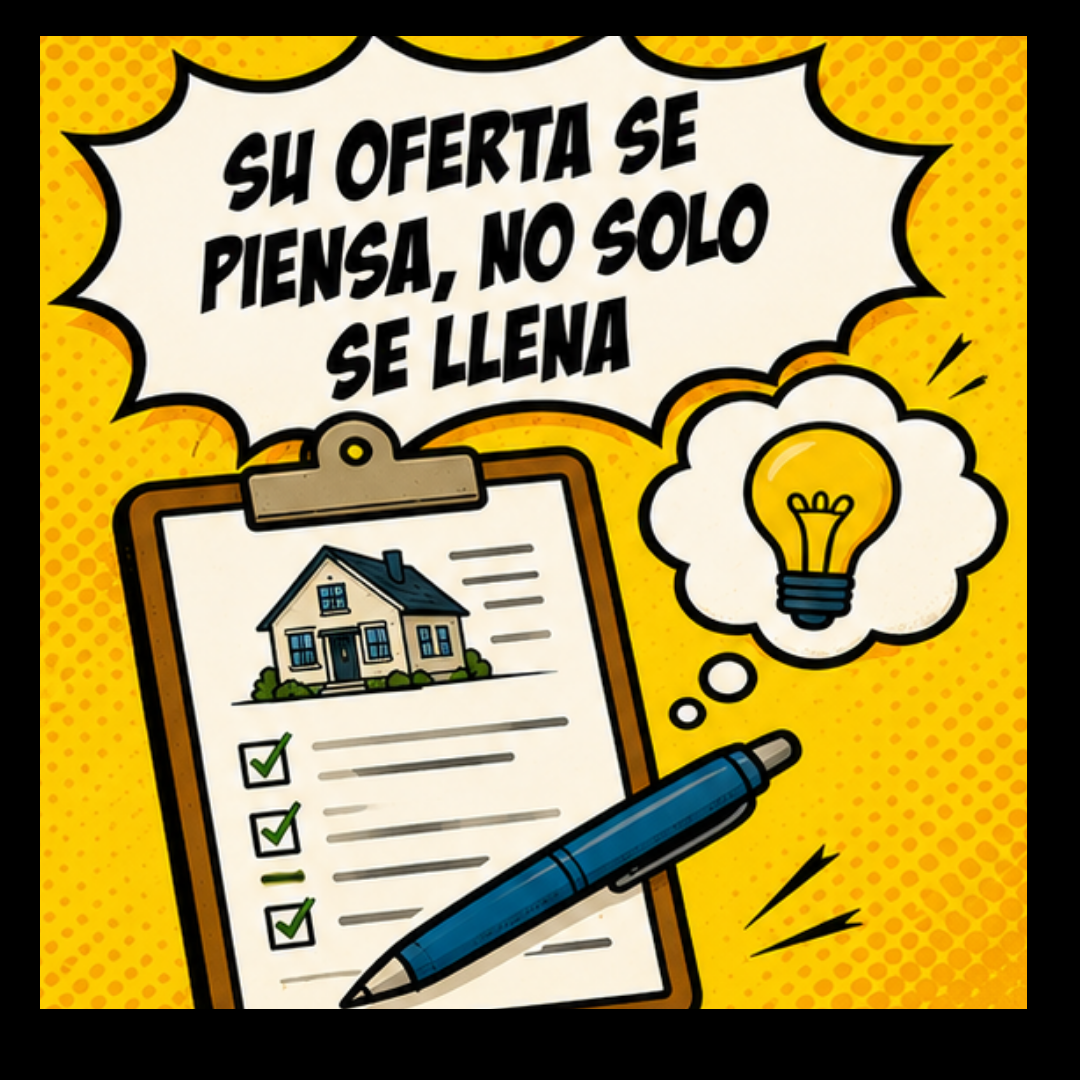 Ilustración con el texto "Su oferta se piensa, no solo se llena," con una lista de verificación en un portapapeles y un foco encendido.
