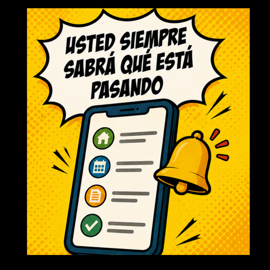 Ilustración con el texto "Usted siempre sabrá qué está pasando," con un teléfono mostrando íconos de notificación y una campana.