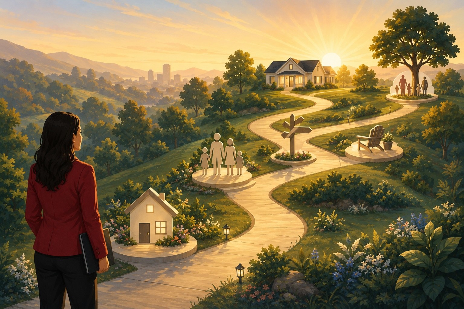 Illustration of an agent looking out over a winding path leading toward a lit home at sunset, symbolizing the stages of a client's journey.