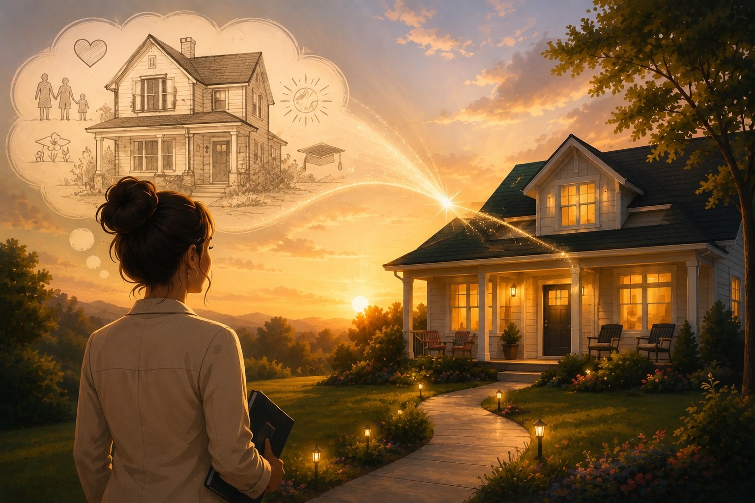 Illustration of an agent looking toward a lit home at dusk, with a dream-cloud sketch of a house transforming into the real one.