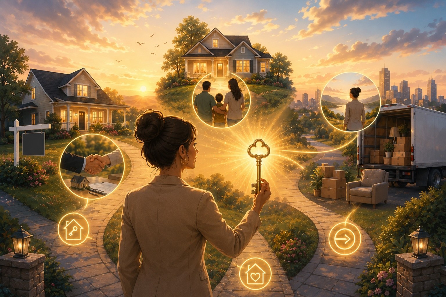 Illustration of an agent holding a glowing key, surrounded by scenes of a handshake, a family at a new home, and a moving truck, symbolizing each step of a smart move.