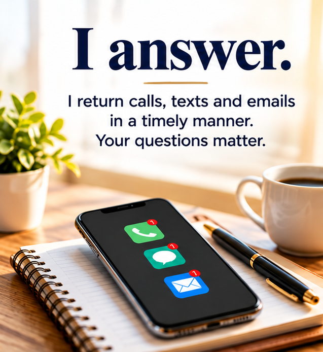 I answer. I return calls, texts and emails in a timely manner. Your questions matter.