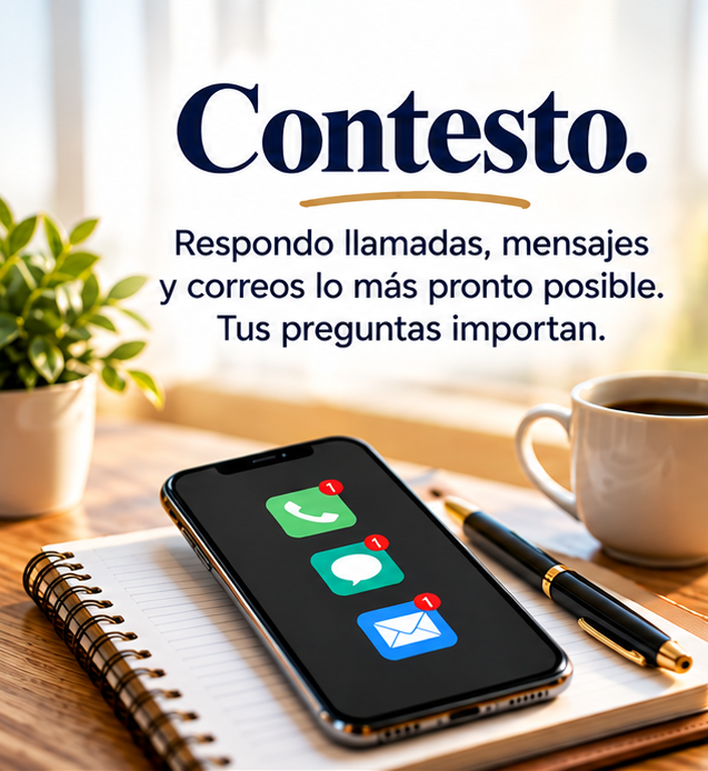 Contesto. Respondo llamadas, mensajes y correos lo más pronto posible. Tus preguntas importan.
