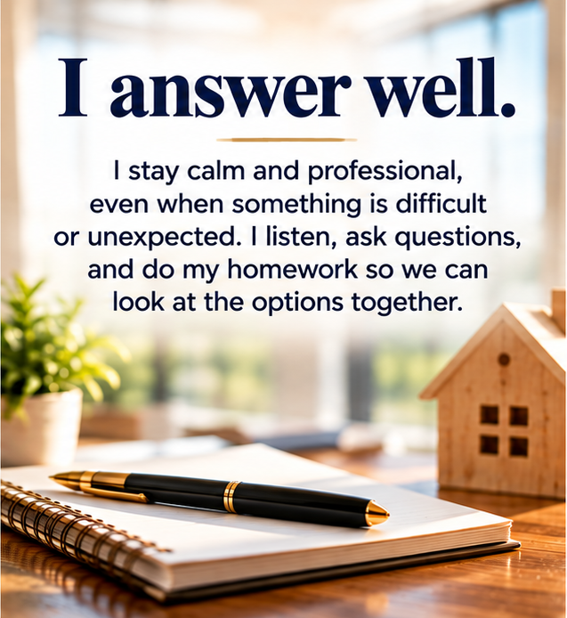 I answer well. I stay calm and professional, even when something is difficult or unexpected. I listen, ask questions, and do my homework so we can look at the options together.