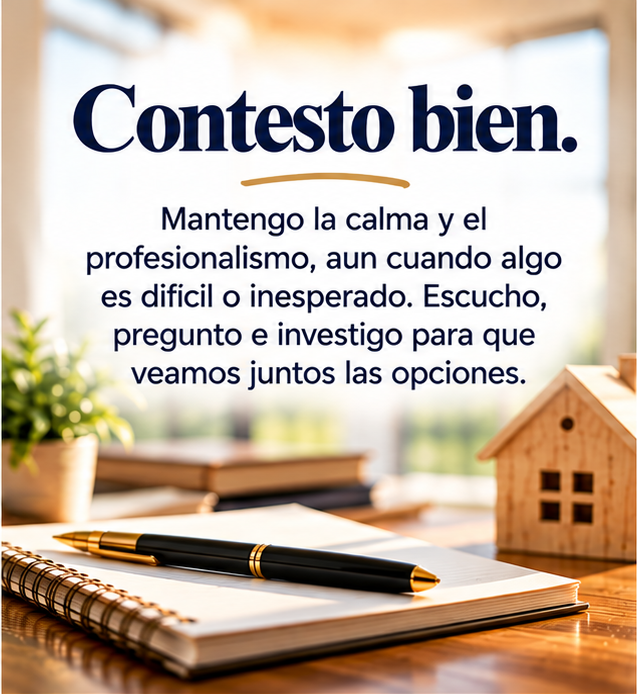 Contesto bien. Mantengo la calma y el profesionalismo, aun cuando algo es difícil o inesperado. Escucho, pregunto e investigo para que veamos juntos las opciones.