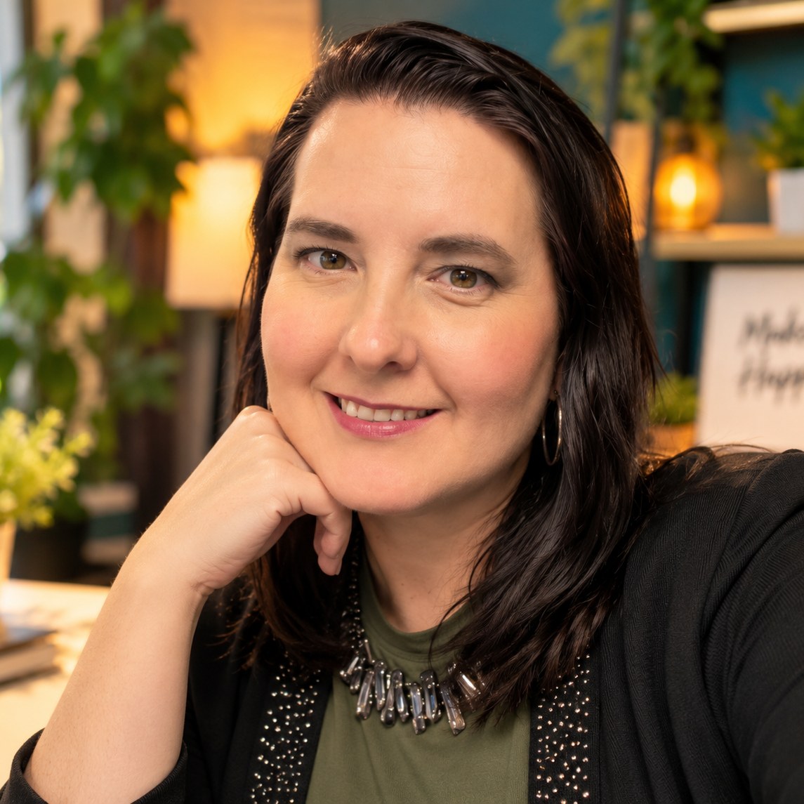 Lisa Collio smiling with her chin resting on her hand at a desk with green plants behind her.