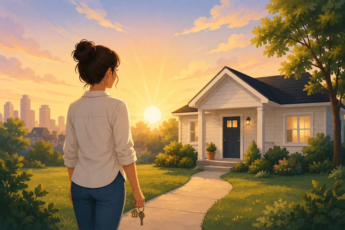 Starting Out — a young woman holding house keys, looking toward her first home at sunrise
