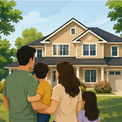 Growing — a family of four standing together in front of a larger two-story home