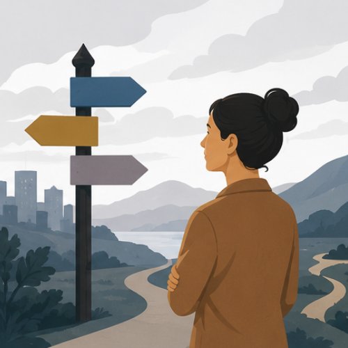 Changing Direction — a woman pausing at a crossroads signpost, city and mountains beyond