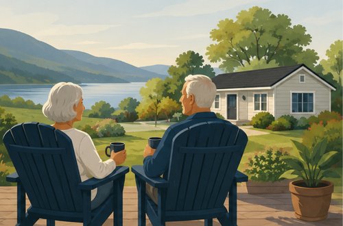 Simplifying — an older couple relaxing on a porch overlooking a lake near a small single-story home
