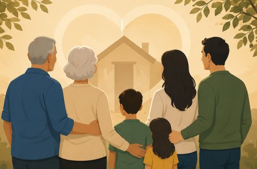 Legacy — a multi-generational family standing together facing a home under a warm, heart-shaped glow