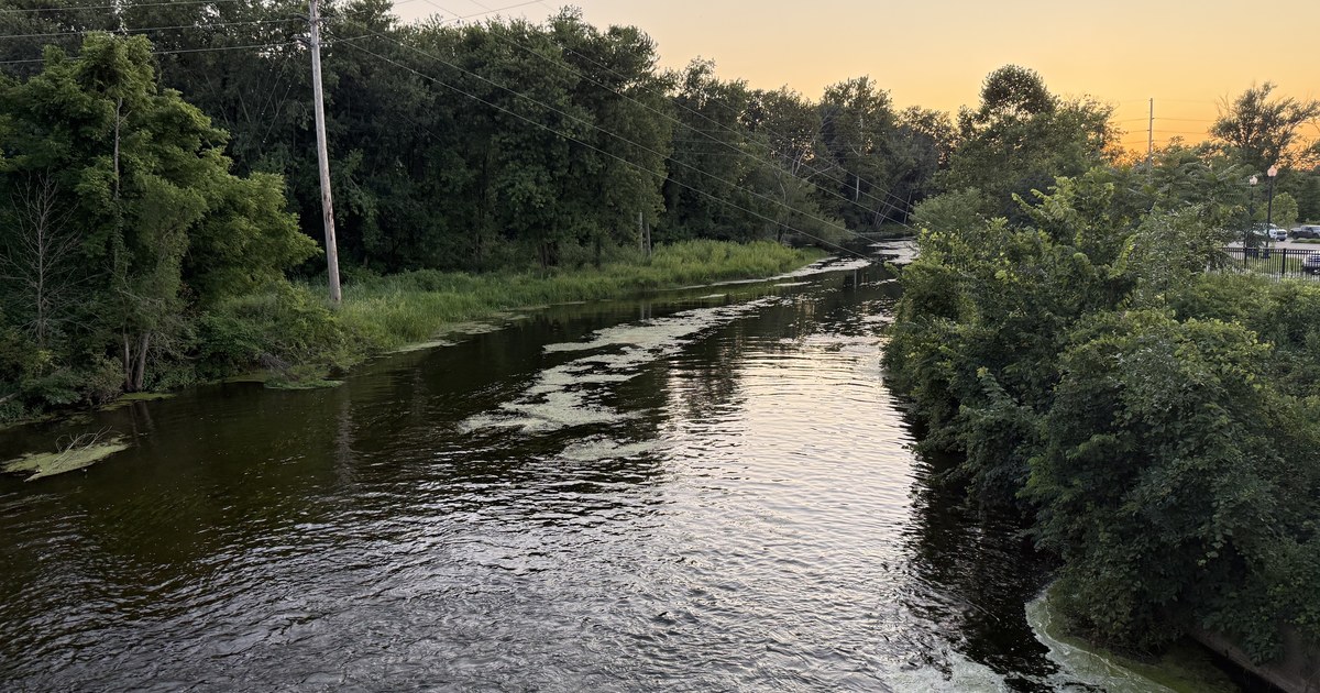 The Elkhart River running past wooded banks at dusk.