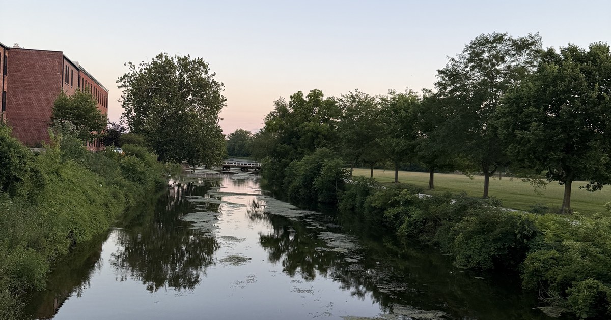 The millrace channel running between mown banks and mature trees.