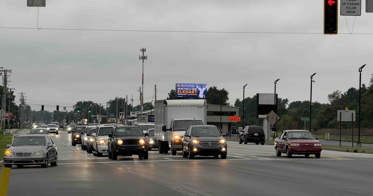 Traffic on the US-33 corridor between Elkhart and Goshen, Indiana, on a rainy day.
