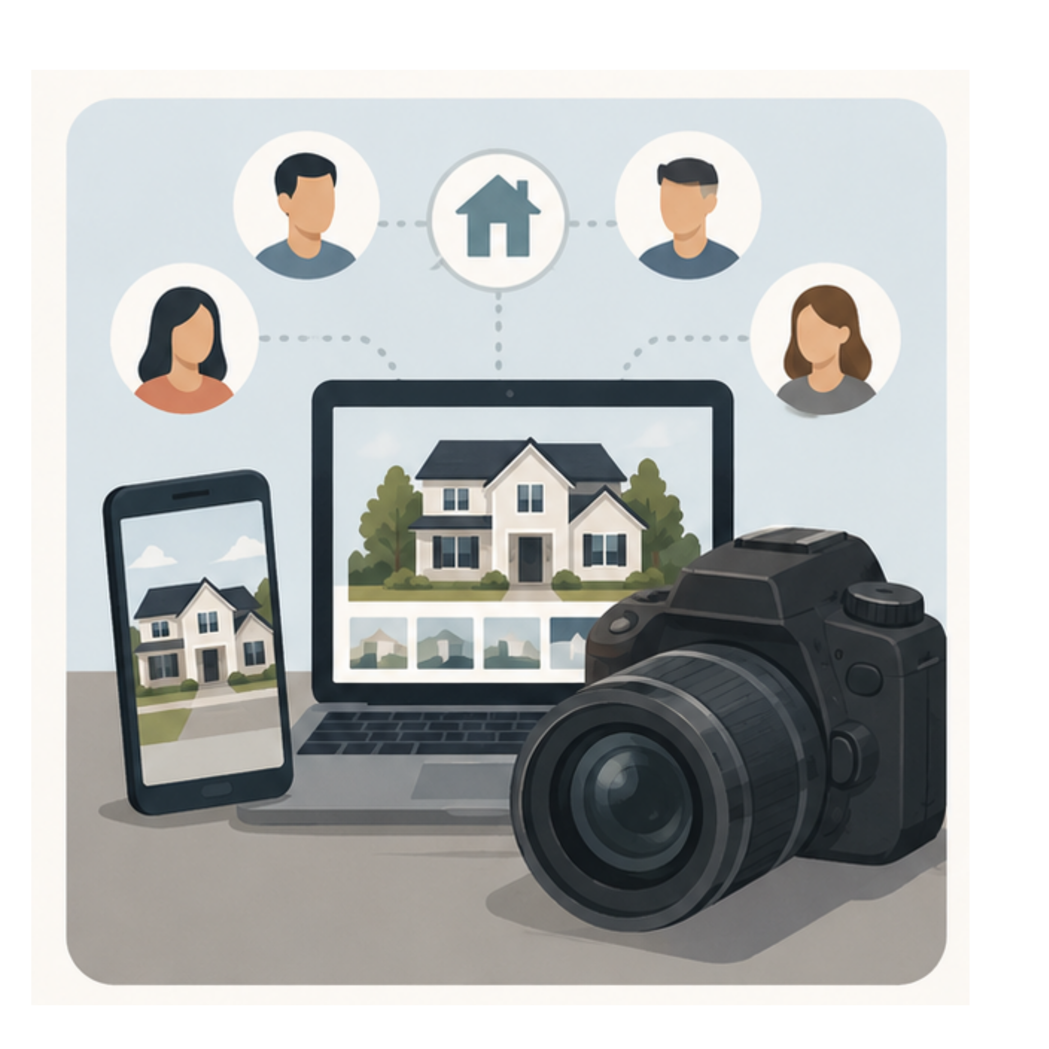 A house photo shown across a phone, a laptop, and a camera, connected to icons of four potential buyers.