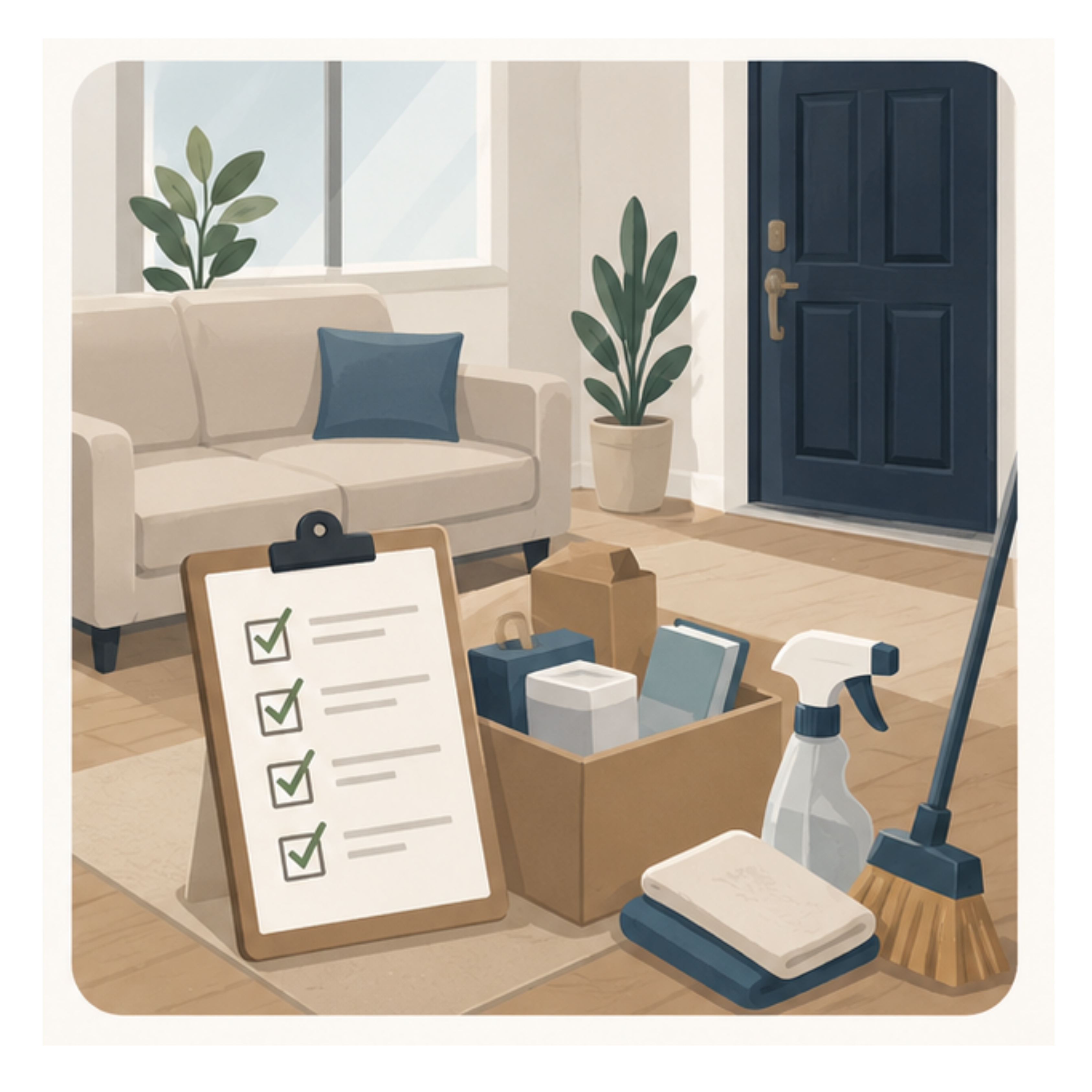A checklist, a moving box, a spray bottle, and a broom beside a front door.