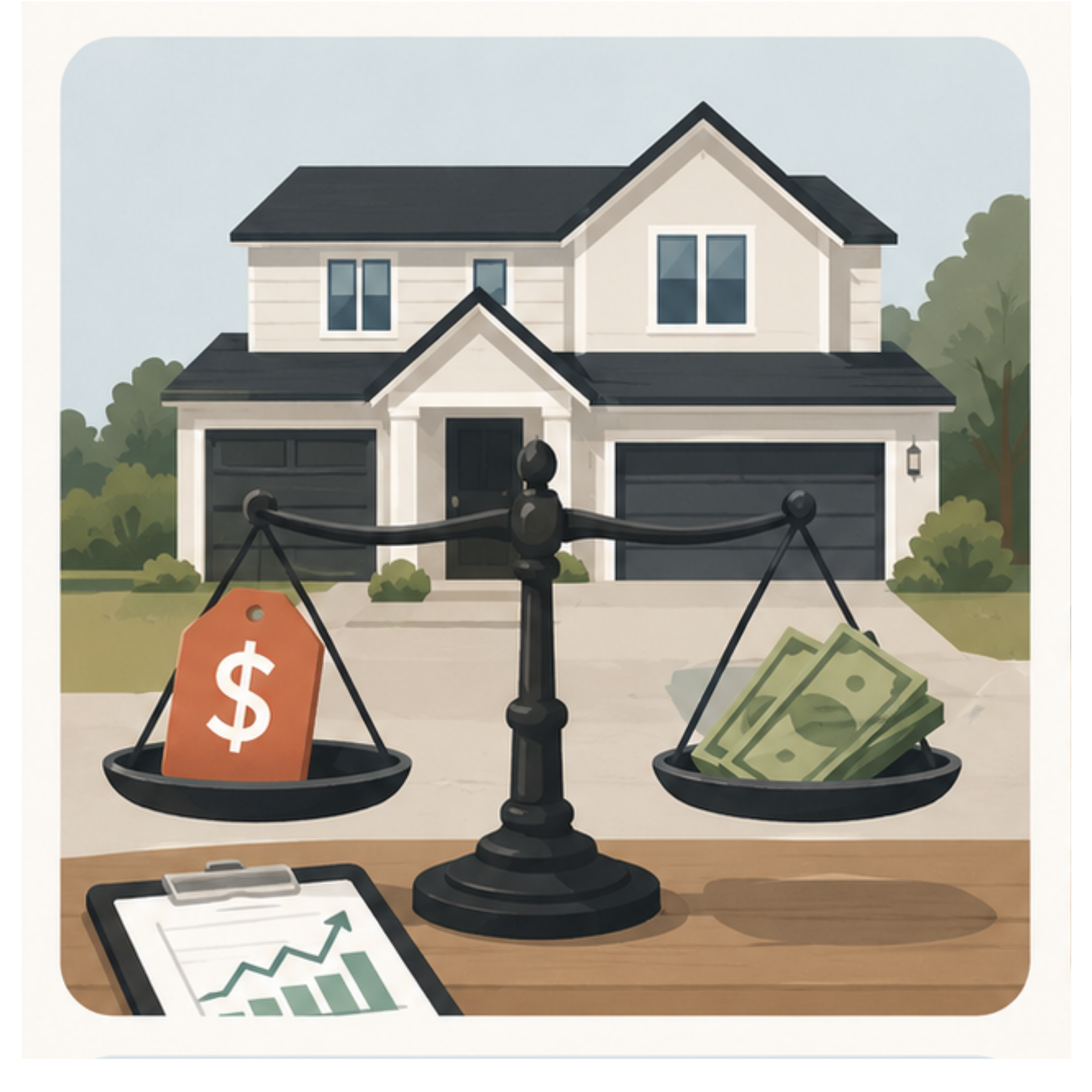 A house balanced on a scale against a price tag and cash, with a rising market chart on a clipboard.