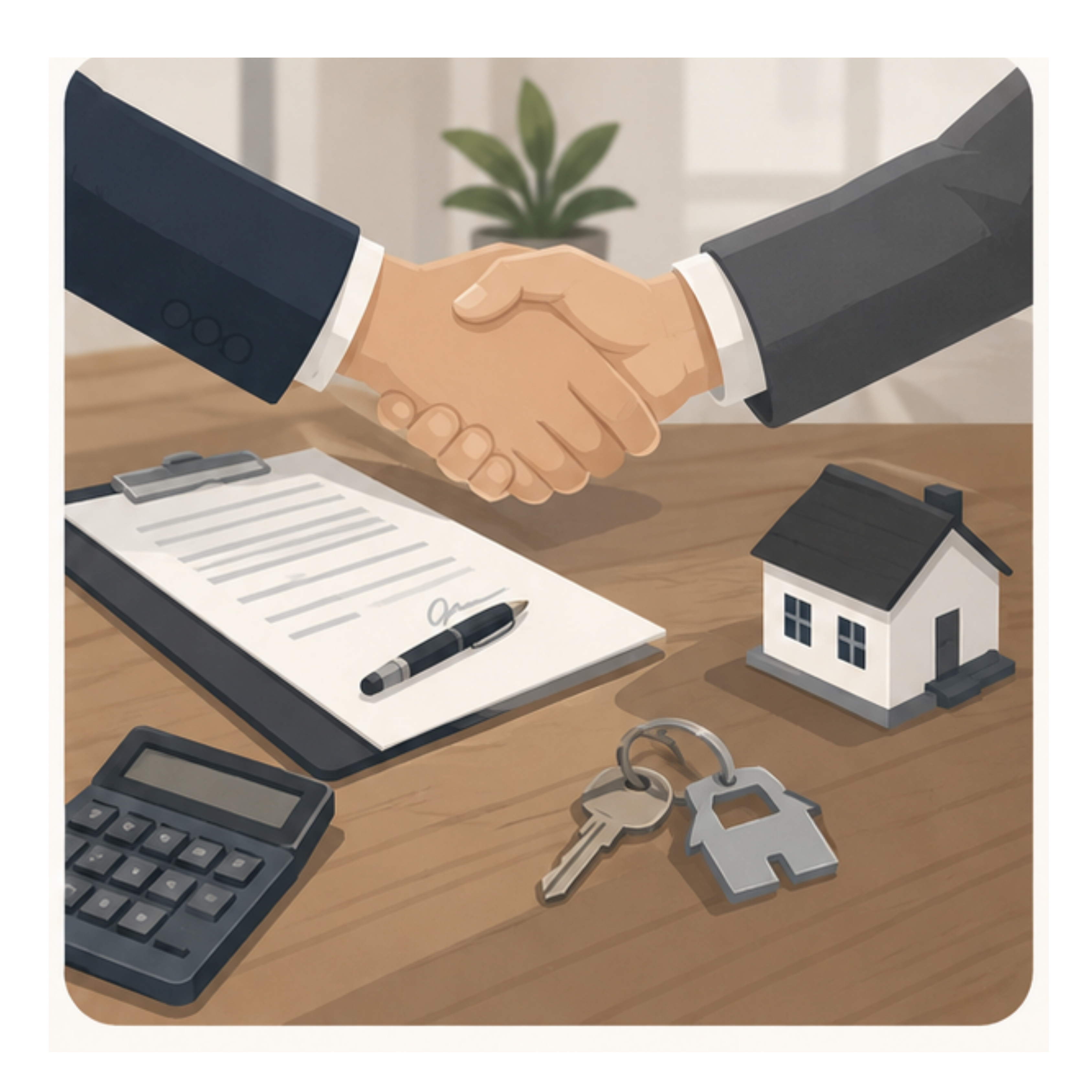 A handshake over a desk with a signed contract, a calculator, and a house key.