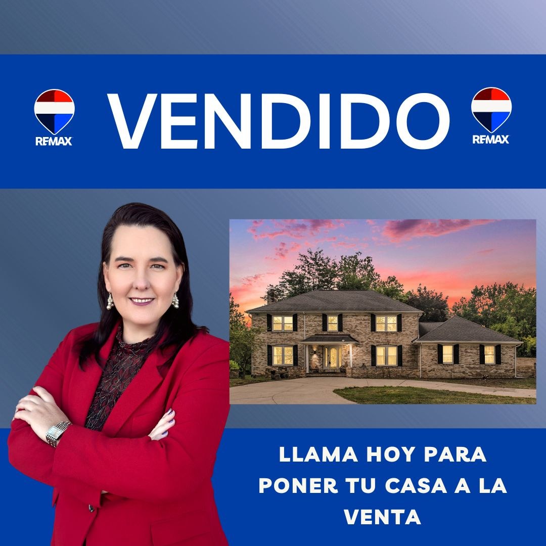 Un gráfico de mercadeo con el texto "VENDIDO," con Lisa Collio junto a una foto al atardecer de una casa vendida, con el logo de RE/MAX y un mensaje que invita a llamar hoy para poner su casa a la venta.