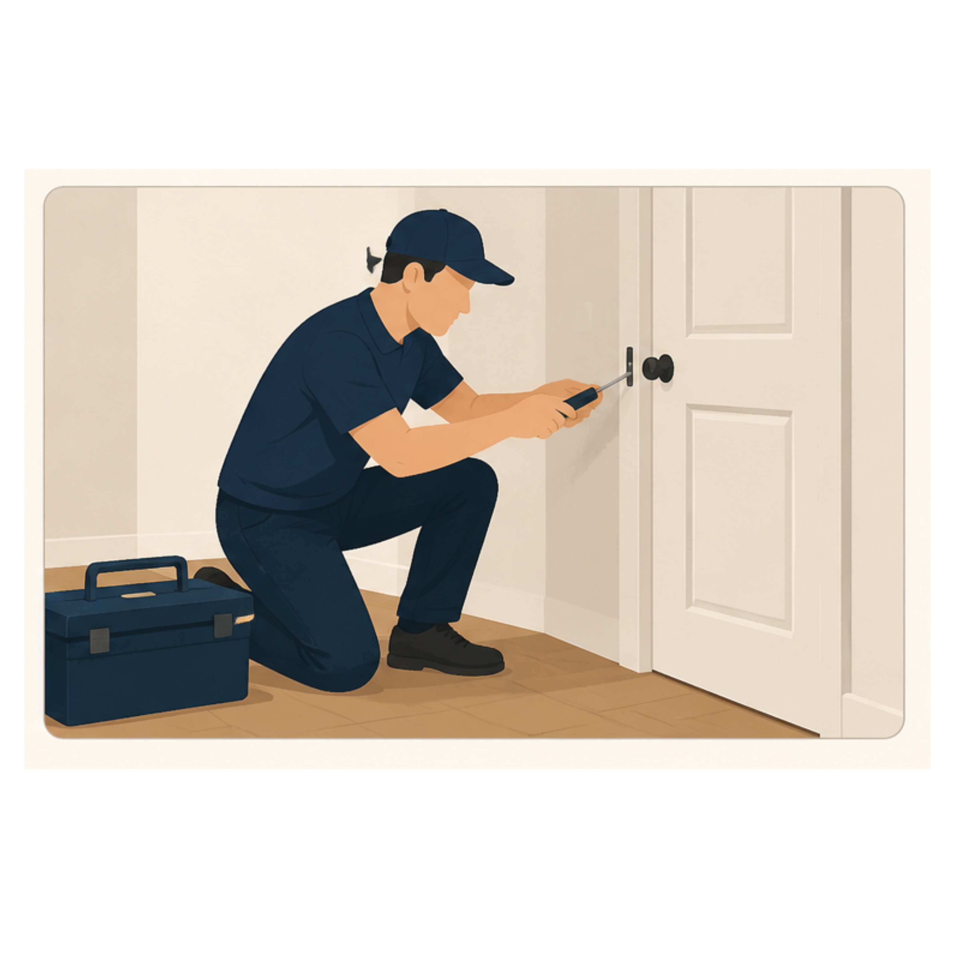 A worker kneeling to repair a door handle with a screwdriver, a toolbox beside him.