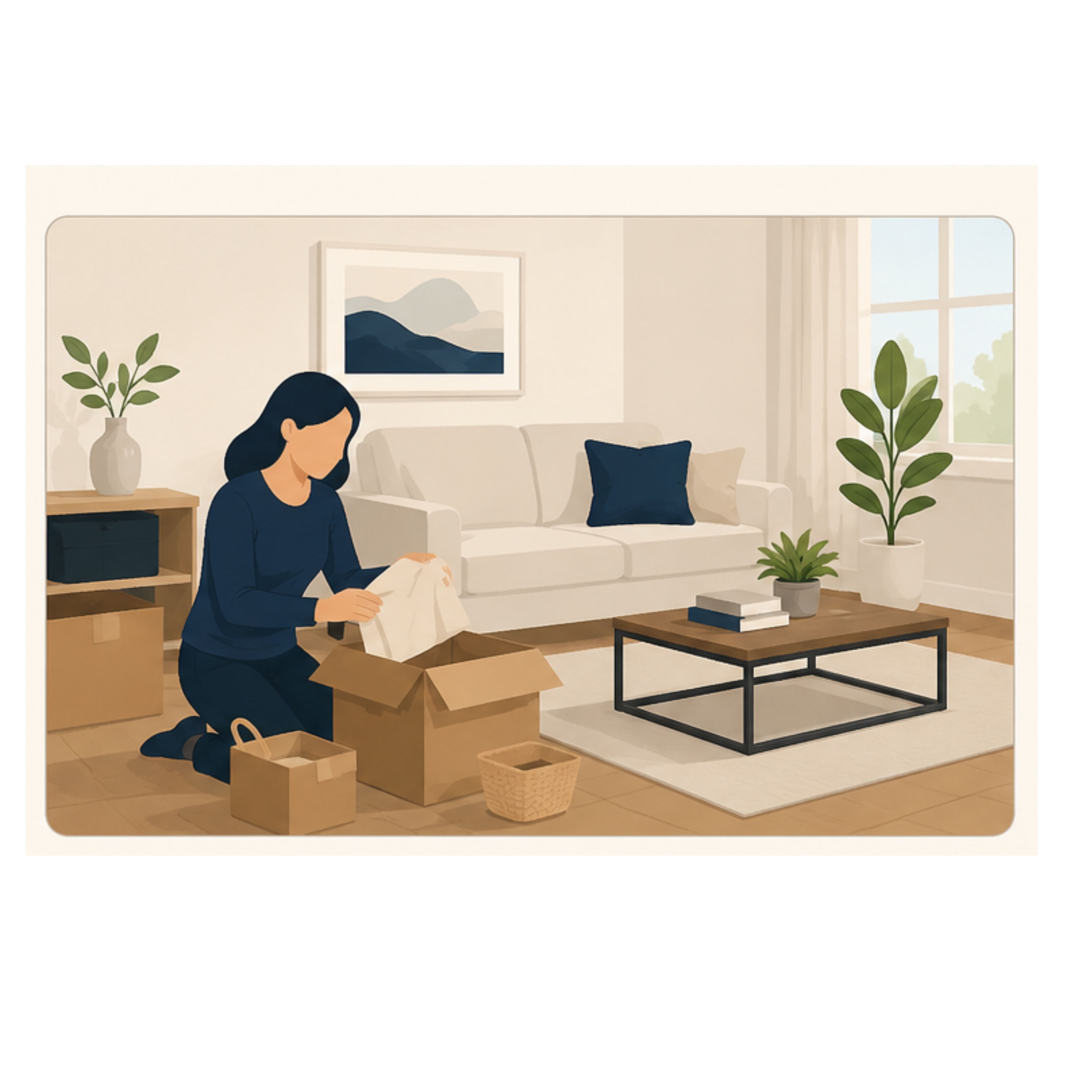 A woman kneeling in a living room, packing items into a moving box.