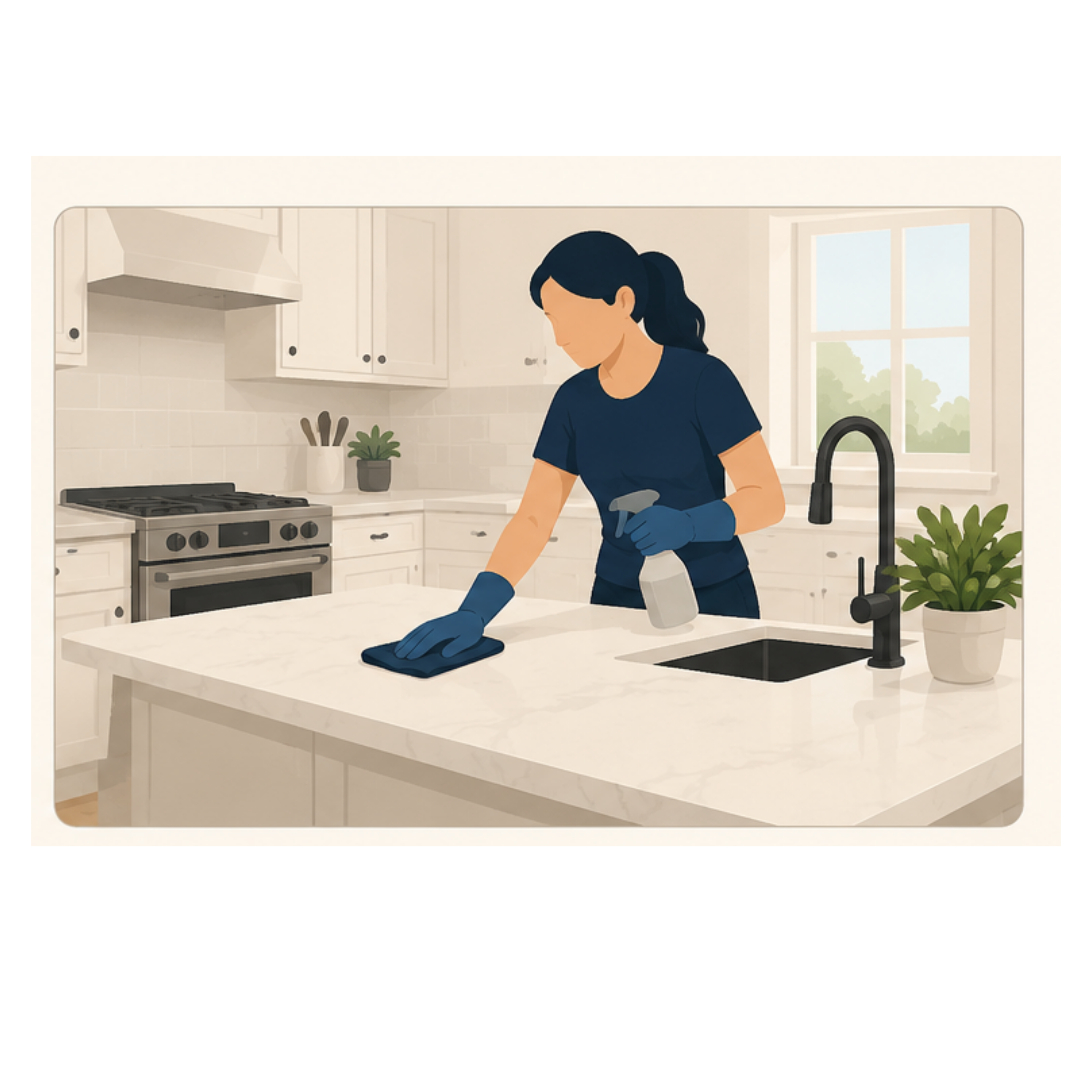 A woman wiping down a kitchen island with a cleaning cloth and a spray bottle.