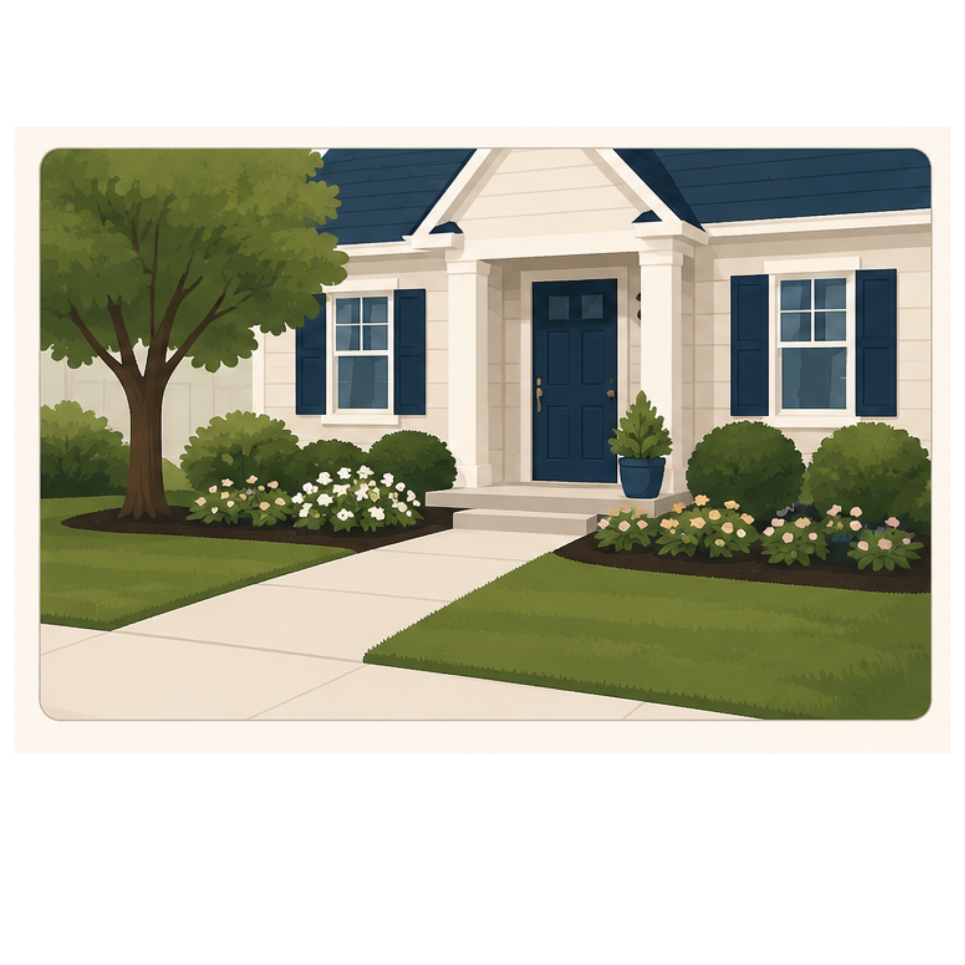 The front exterior of a home with a manicured lawn, flower beds, and a welcoming entry.