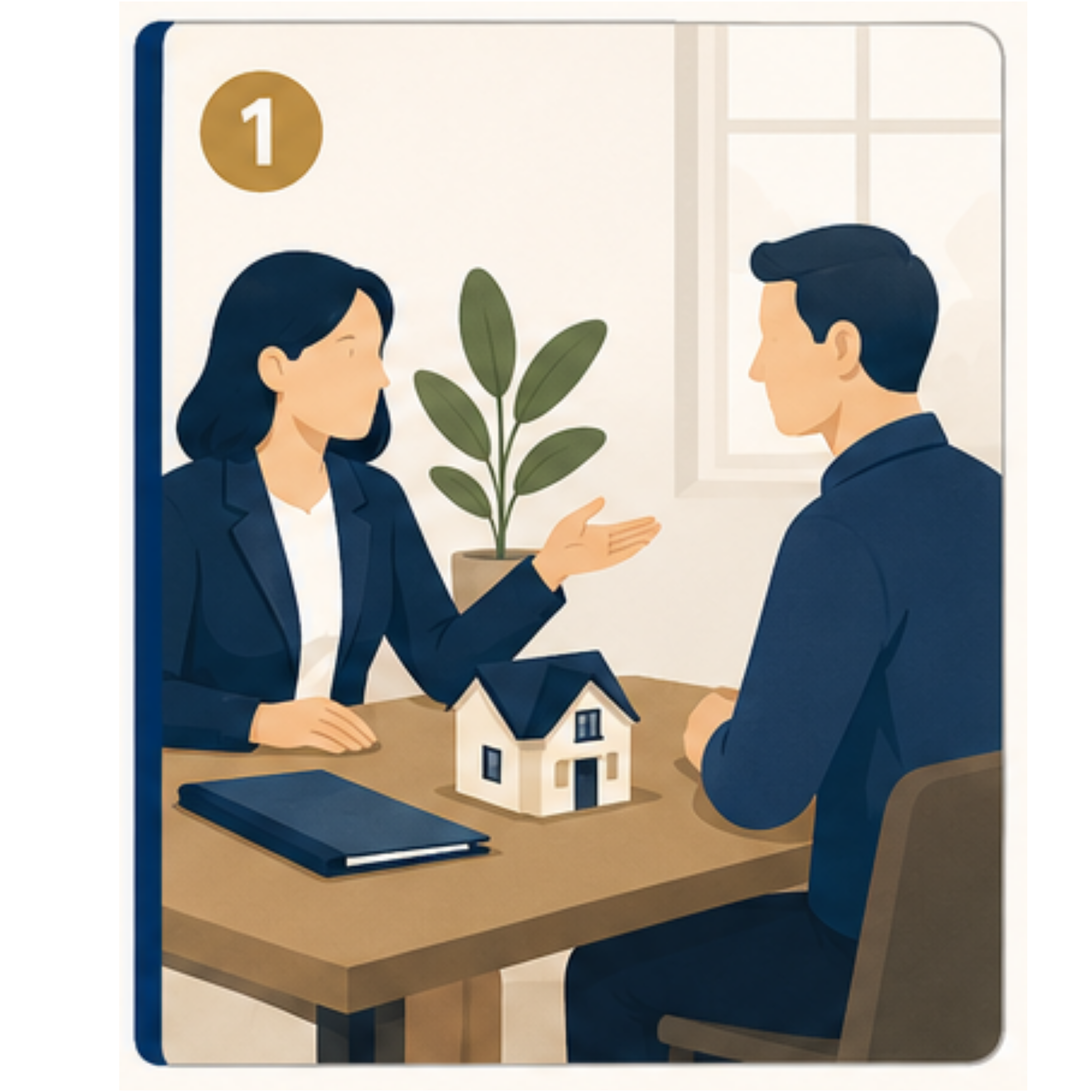 An agent and a client seated across a desk, gesturing toward a small house model between them.