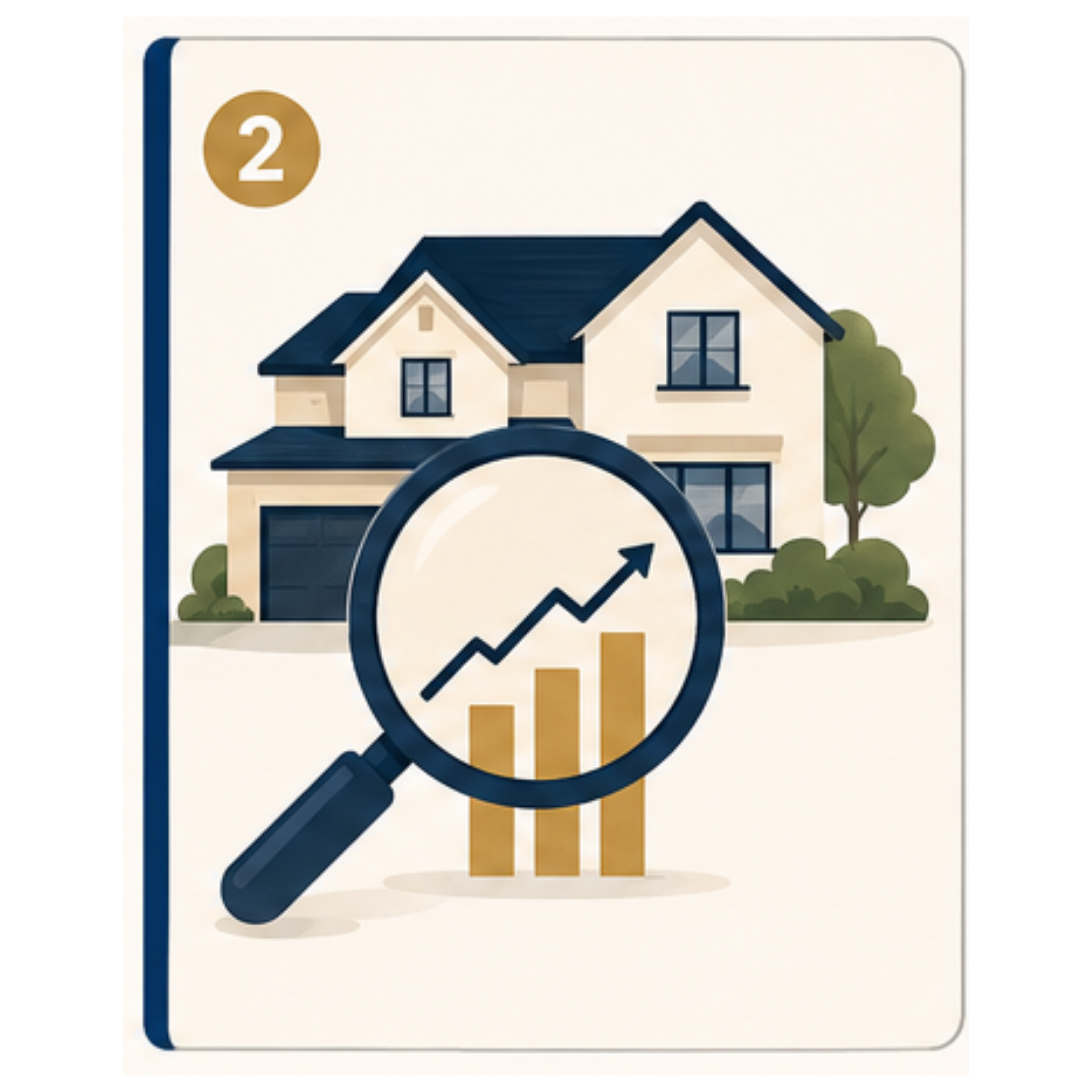A house with a magnifying glass showing a rising price bar-chart overlaid on it.
