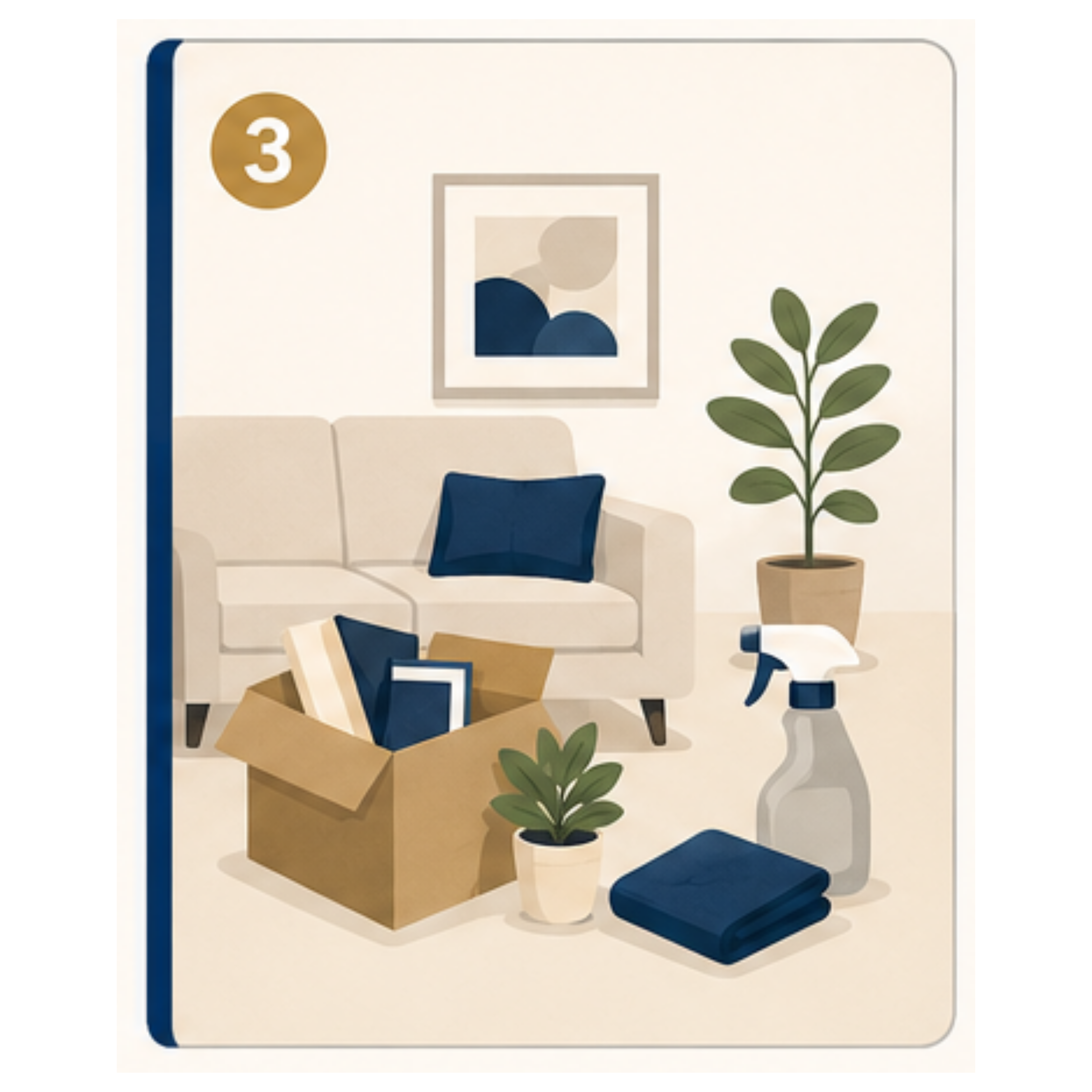 A living room with a moving box, a houseplant, and cleaning supplies beside it.